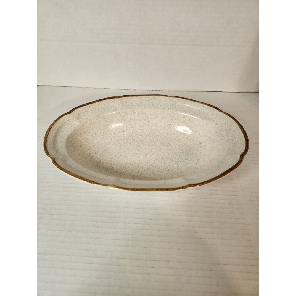 Baroque Hearthside Stoneware Oval Serving Bowl Beige Speckled Brown Japan